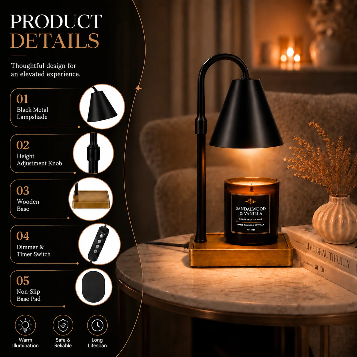 Modern Candle Warmer Lamp with Timer – Dimmable Electric Candle Light Warmer