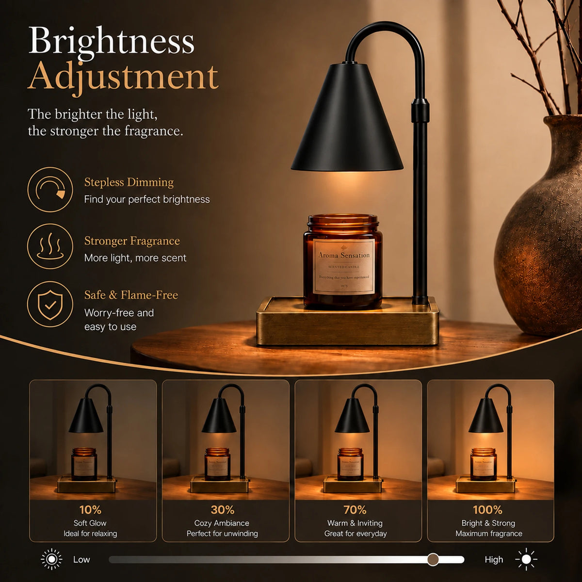 Candle warmer brightness guide — stepless dimmer shown at 10, 30, 70 and 100 percent over a jar candle