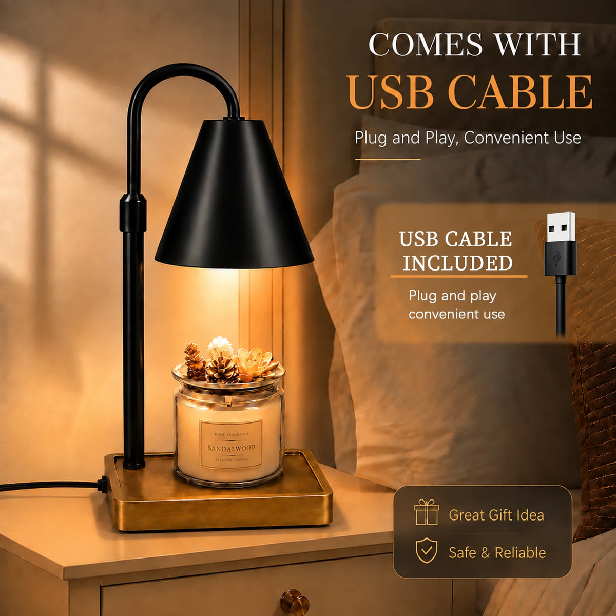 Candle warmer lamp on a nightstand with its included USB cable — plug-in powered, with dimmer and timer controls
