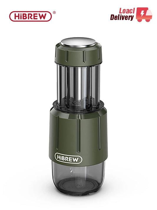 HiBREW hand-press espresso maker, straight-on studio view in olive green on a white background