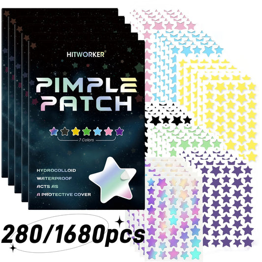 Packs and sheets of star-shaped hydrocolloid pimple patches fanned out in 7 colors