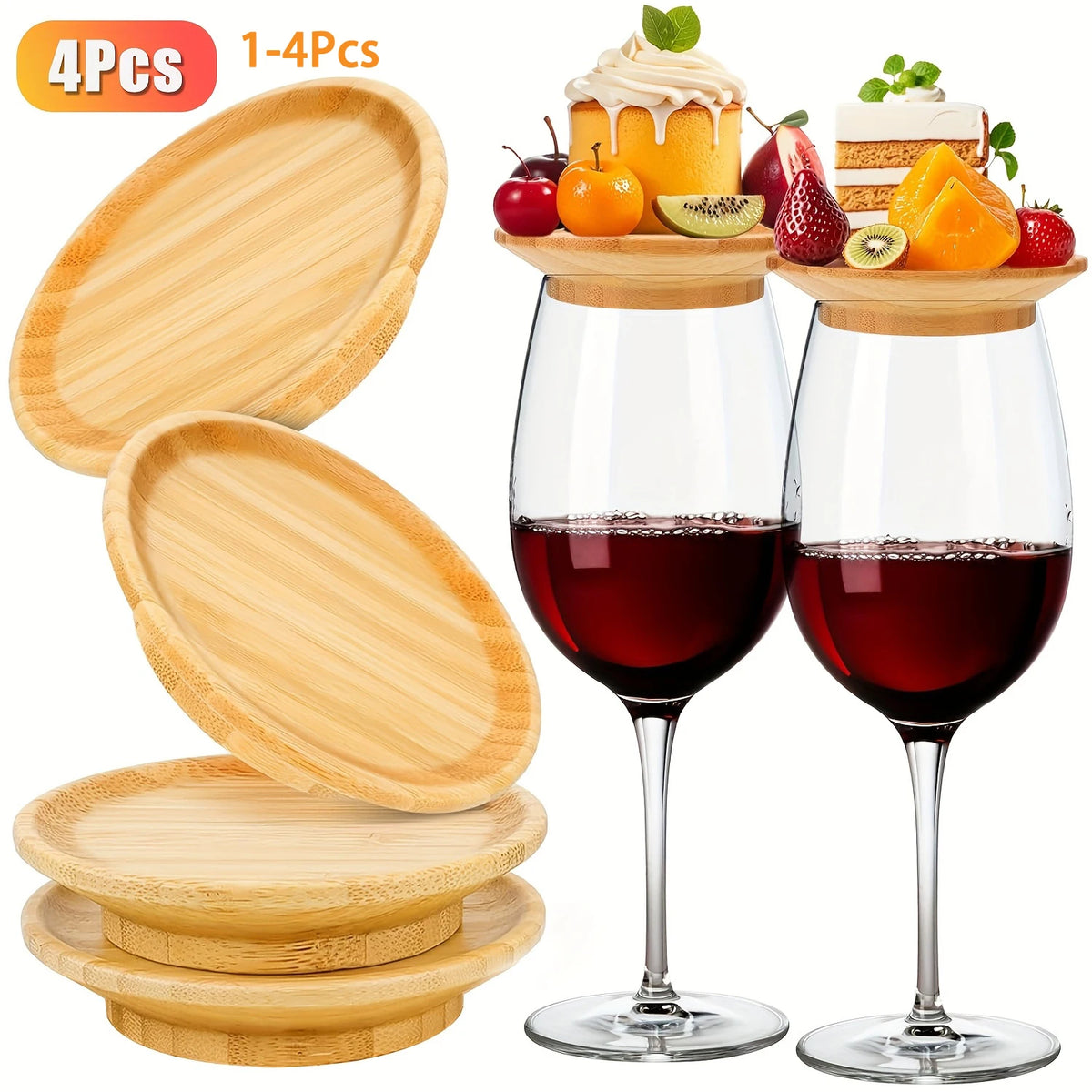 Four bamboo charcuterie toppers stacked beside two wine glasses topped with fruit and cake