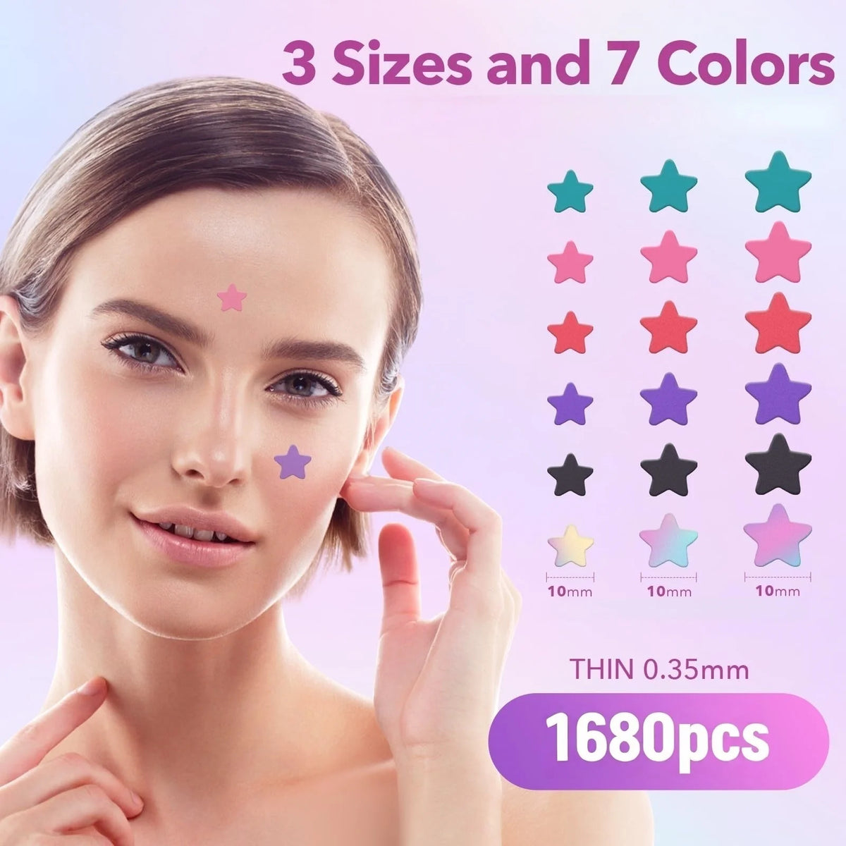Woman wearing pink and purple star pimple patches, beside the size and color chart — 3 sizes, 0.35mm thin