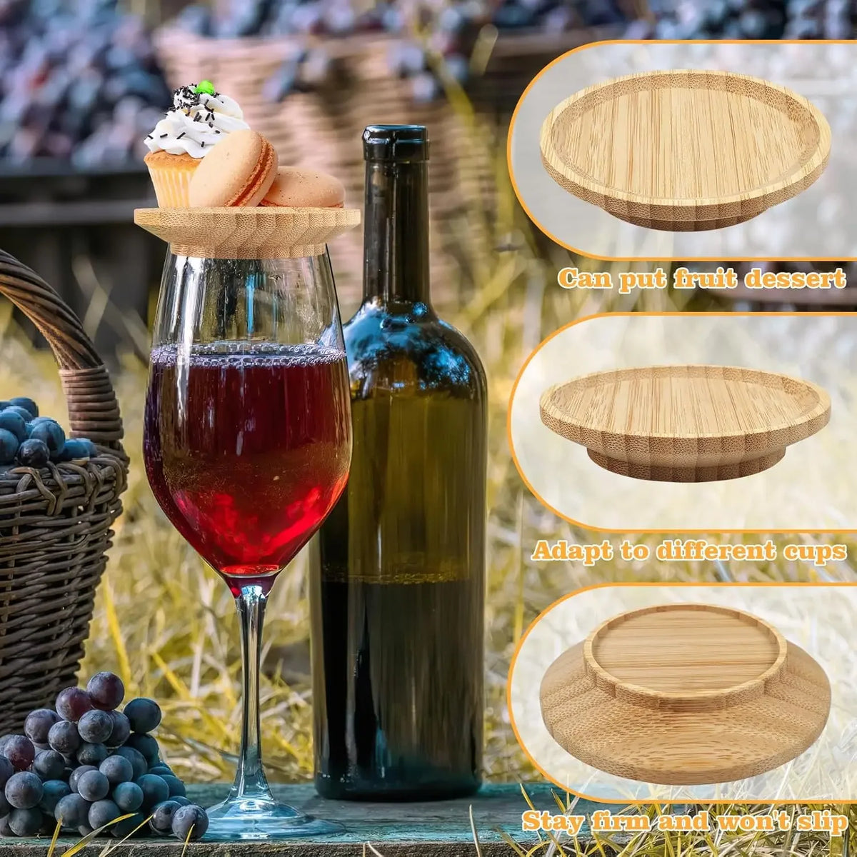 Bamboo topper with macarons on a wine glass at an outdoor picnic, with close-ups of the stepped underside