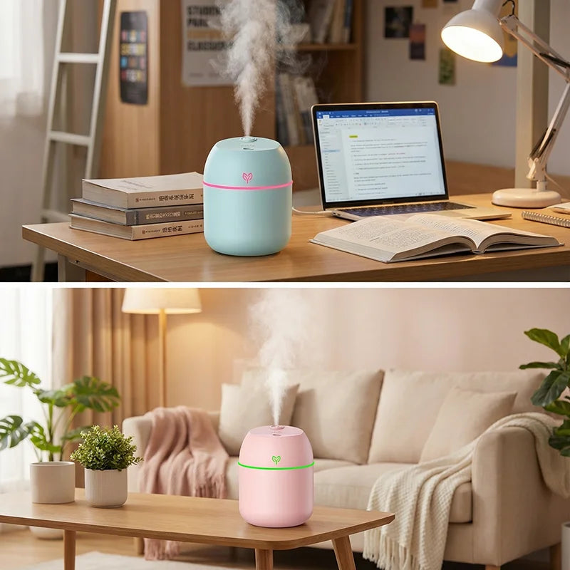 Humidifier in use — a green unit misting on a work desk and a pink unit on a living-room table