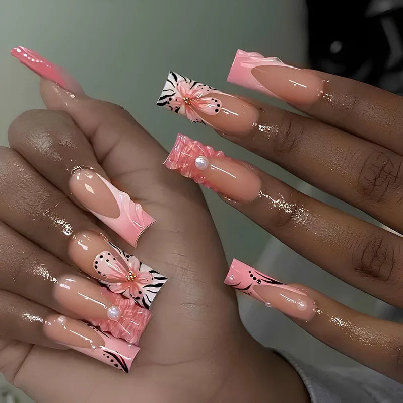 Leopard French Press-On Nails – 3D Cherry, Long Square (24 Pcs, Assorted Designs)