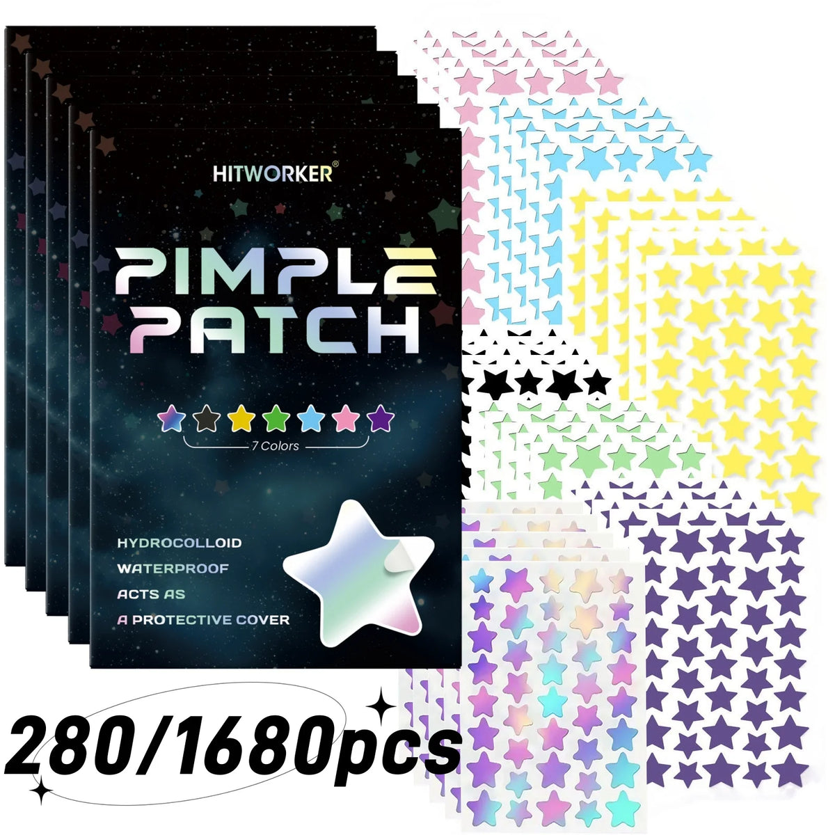 Packs and sheets of star-shaped hydrocolloid pimple patches fanned out in 7 colors