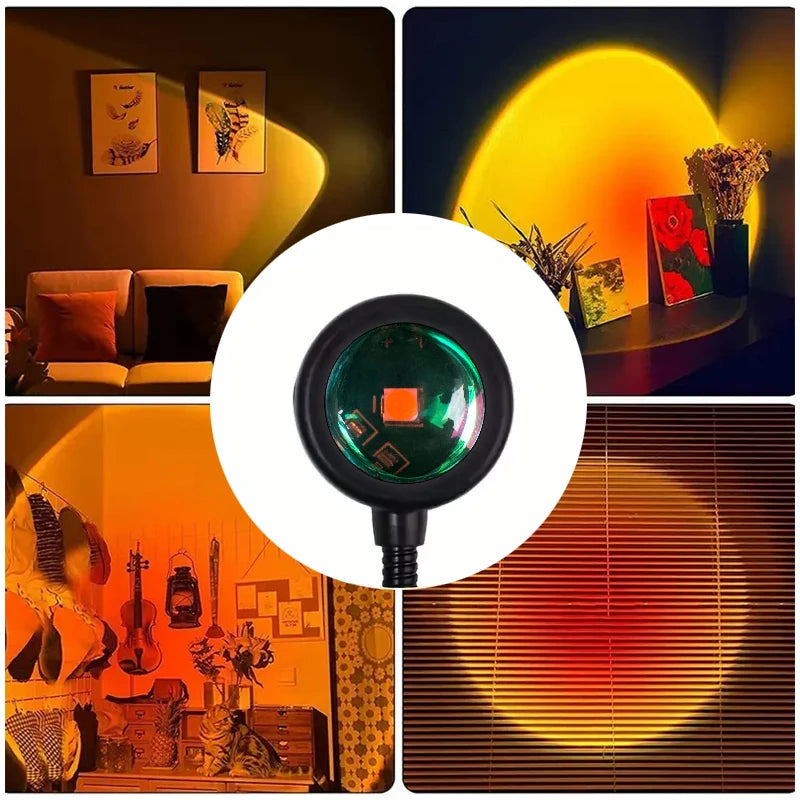 Sunset lamp casting a warm golden disc in living rooms, with a close-up of the small round lamp head