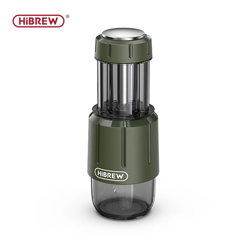 HiBREW portable espresso maker in olive green with a clear brewing chamber and cup, on a white background