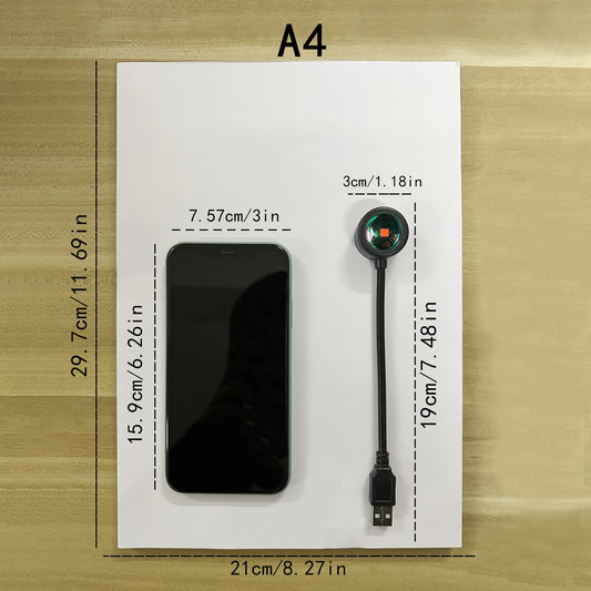 Sunset lamp size guide — the mini USB lamp is 19cm tall with a 3cm head, shown next to a phone for scale