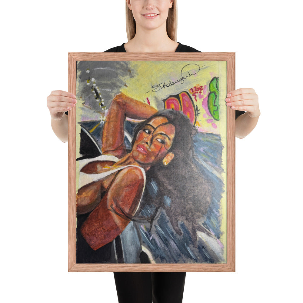 Girl in a Tunnel framed print by Shawn Kabungaidze — woman with long dark hair against graffiti, red oak frame held in hand