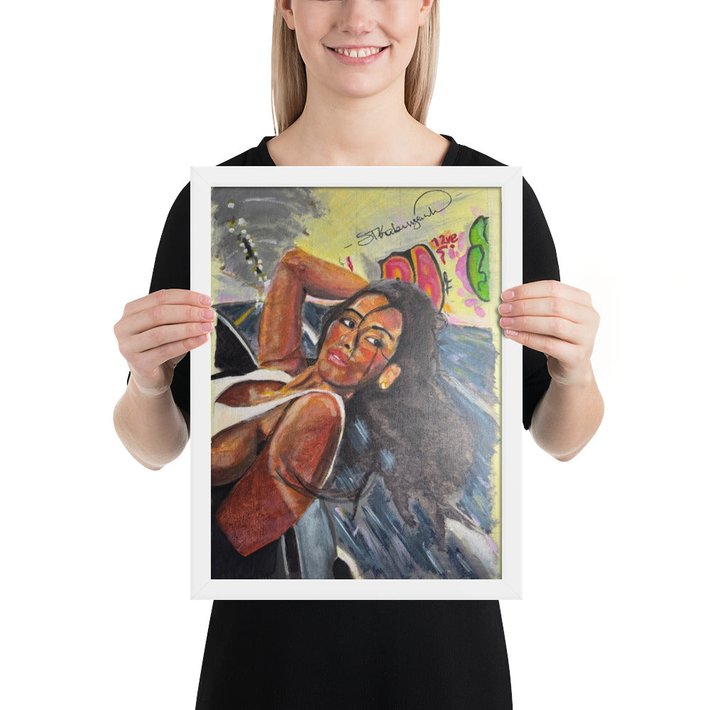 Girl in a Tunnel framed print by Shawn Kabungaidze — woman with long dark hair against graffiti, white frame held in hand