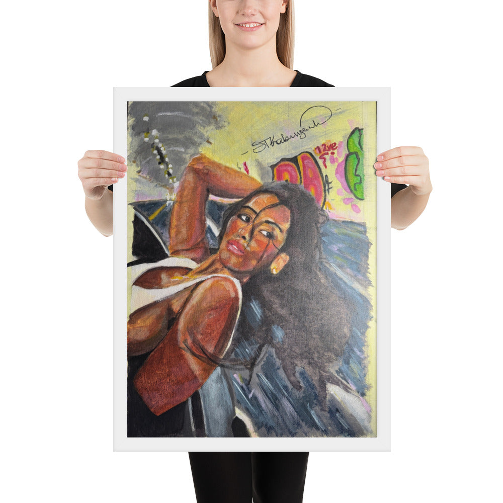 Girl in a Tunnel framed print by Shawn Kabungaidze — woman with long dark hair against graffiti, white frame held in hand