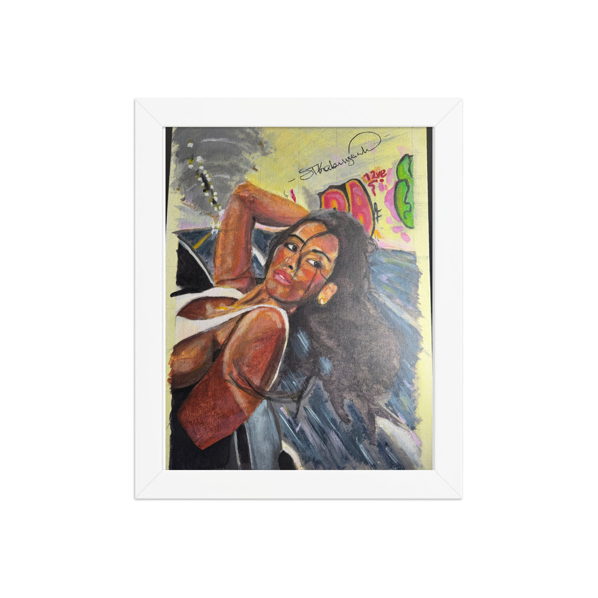Girl in a Tunnel framed print, 8×10, by Shawn Kabungaidze — woman with long dark hair against graffiti, in a white frame